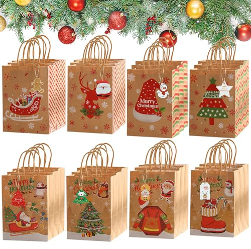 GeschenktüTen Weihnachten,24 Stück Weihnachts Kraft Geschenktaschen,Papiertüten Weihnachten Geschenktüten mit Henkel,WeihnachtstüTen Papier,Weihnachtstasche,Papiertüten
