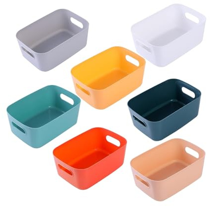 EURXLQ 7 Pezzi Cestini Portaoggetti Plastica Scatole Organizer con Manici,Contenitori per Armadio,Contenitore Plastica,Organizer Portaoggetti per Cucina Bagno Cosmetici (Colorati, 20×15×7 cm)