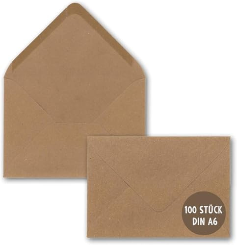 OWLBOOK® 100 Kraftpapier Umschläge 130 g/m² Briefumschläge Kuvert Briefkuvert Briefhülle für Grußkarten Einladung Geburtstagskarten mit Nassklebung Spitzklappe | DIN C6 | 11,4 x 16,2 cm