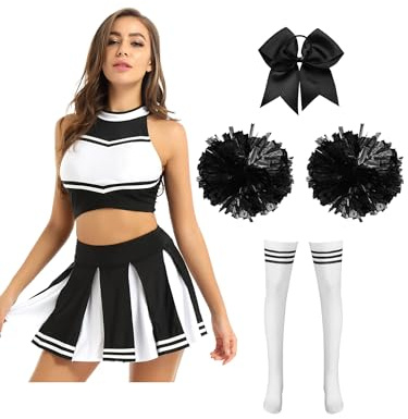MSemis Cheer-Leader Kostüm Damen 4-teiliger Cheerleading Tanzen Uniform Set Crop Top +Faltenrock + Pompons+Haarband +Socken für Karneval Kostüm Schwarzes B XL