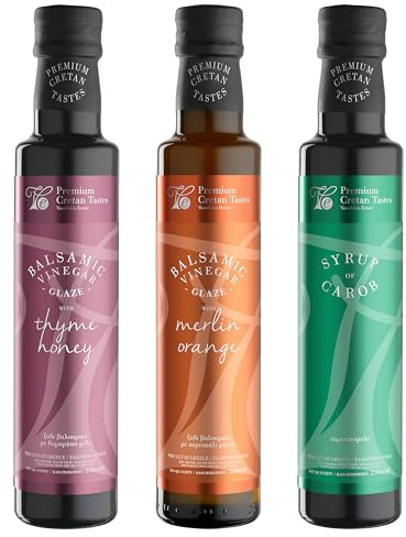 Vassilakis Estate – Confezione Degustazione 3 x 250 g (Totale 750 g) | Aceto Balsamico al Miele di Timo, Aceto Balsamico all’Arancia Merlino e Sciroppo di Carruba – Un Tocco di Lusso per i Tuoi Piatti