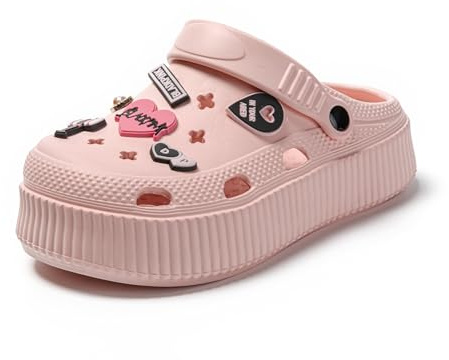 JOMIX Chanclas Mujer Verano Zuecos Mujer Plataforma con Decoraciones Chanclas Playa Mujer con Correa Trasera Piscina Mar Ducha Baño, Rosa, 35-36 EU
