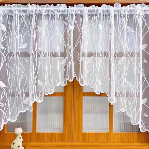Sarah Duke Gardine Vorhang Scheibengardine Blumen und Vögel Gardinen, Landhausstil Bistrogardine Transparent Vorhänge, Kurzgardinen für Cafe Fensterdeko (Weiß,210x90cm (BxH))