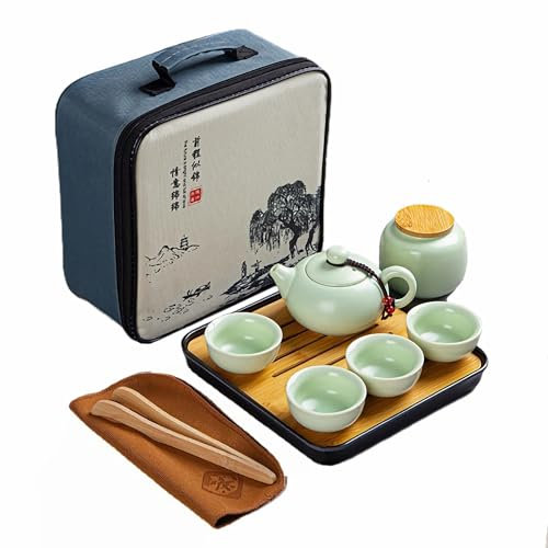 Webao Set di Teiera Cinese Kungfu - Servizio da Tè in Ceramica con 4 Tazze, Lattina e Vassoio - Set da Viaggio per Tè Sfuso, Verde