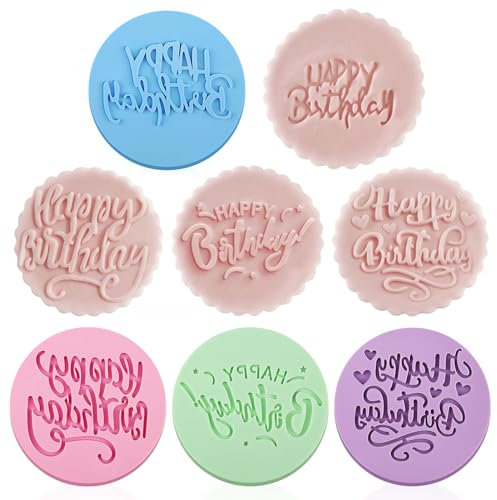 Happy Birthday Fondant Stamp 4PCS, 3D Design Fondant Stamps, Round Cookie Stamps for Cupcake, Cake, Fondant Decoration