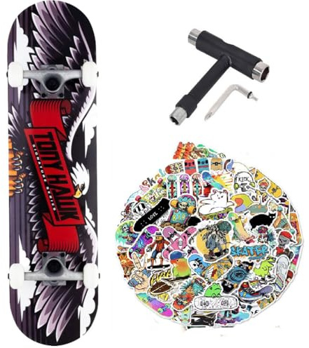 Komplettes Skateboard Tony Hawk PROFESSIONAL Serie Anfänger + Mehrzweck-Tool + 50 glänzende Sticker (Wingspan Black - Tool - 50Sticks, 8.0)