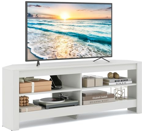 COSTWAY Eck-TV-Schrank mit Ladestation, TV Lowboard mit 4 offenen Ablagen, Fernsehschrank für TVs bis 65 Zoll, Fernsehtisch für Wohnzimmer, Schlafzimmer, 140 x 40 x 49,5 cm, Weiß