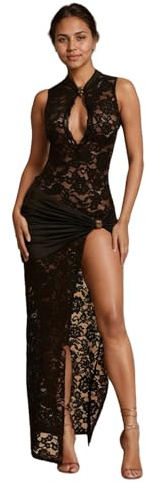 OCUH Vestido Largo de Encaje Negro Transparente, Traje Sexy para Mujer, Falda con Abertura Alta, Entallado, para Vacaciones, Fiestas, Negro, S