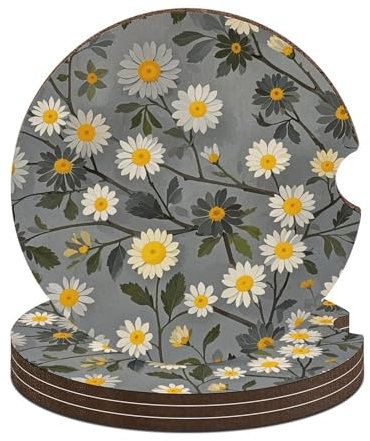 Auto-Untersetzer für Getränke, 4 Stück, Baumzweig, gelbes und weißes Blumenmuster, Auto-Becherhalter, Untersetzer, rutschfest, Korkboden für Auto-Becherhalter, für Damen und Herren, 6,6 cm