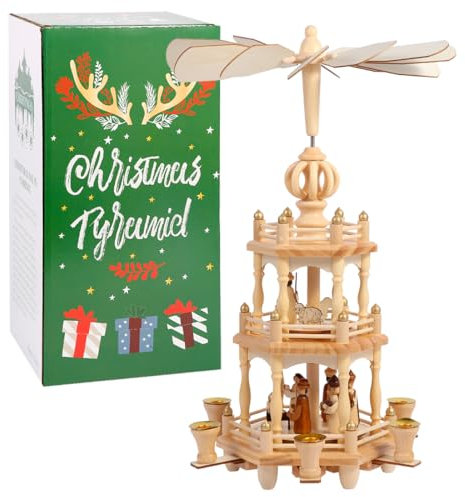 YeloZen Christmas Pyramids with 6 Candler Holders-18 Inches-3 Tiers Carousel-Wood Nativity Scene Set