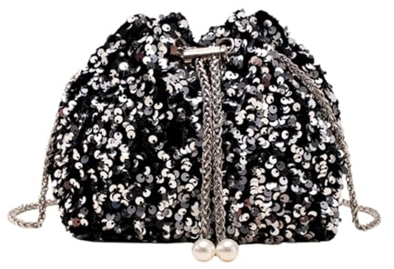 DiiWmme Beuteltasche für Damen, glitzernd, schwarz, Clutch mit Kordelzug, abnehmbarer Kettenriemen, elegante Schultertasche, Crossbag für Hochzeit, Party, Abendtasche, für Mädchen und Damen