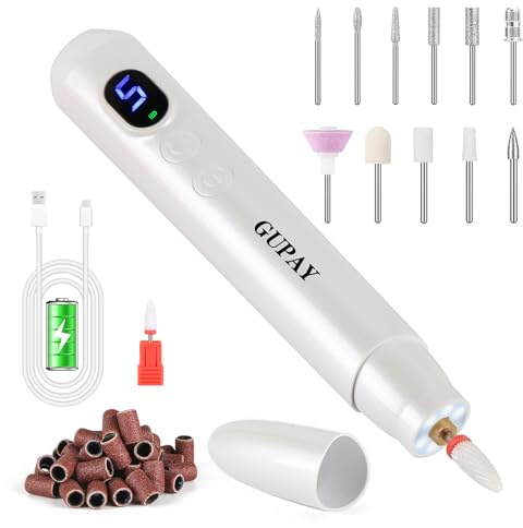 GUPAY Cordless Electric Nail Files, Professional Nail Drill Machine for Acrylic Nails Gel with 5 Adjustable Speed, Portable E File Manicure Pedicure Gifts for Girl Women Beginners (White)