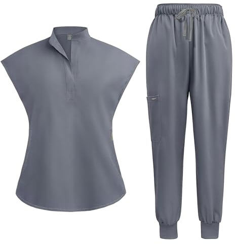 Meichoon Blouses médicales et d’allaitement pour femmes Ensemble à manches courtes Col montant Haut extensible avec 2 poches latérales Pantalon de jogging extensible DK55Grey S