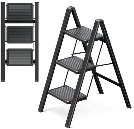GameGem Escabeau à 3 marches pour adultes, escabeau pliable avec pied sécurisé, pédale élargie, aspect esthétique, se fond directement dans les pièces domestiques, noir