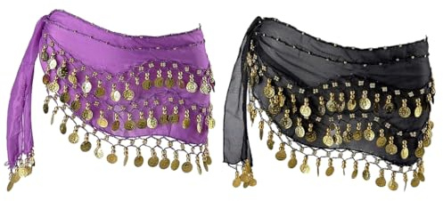 Hitopin 2 Pieces Belly Dance Hip Scarf, Belly Dancing Skirt with 128 Gold Coins, Belly Dancing Skirt Hip Scarves, for Yoga Class, Women, Performance (Black, Purple)