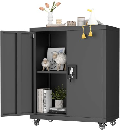 GREATMEET Metal Storage Cupboard with Wheels, Tool Garage Storage Cabinet with Lock, Rolling Utility Metal Filing Cabinet with Adjustable Shelf (Black)