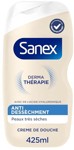 SANEX - Derma Thérapie - Crème de douche anti-dessèchement - Peaux très sèches - Réduit les démangeaisons -Complexe d’acides aminés et acide hyaluronique - 425ml