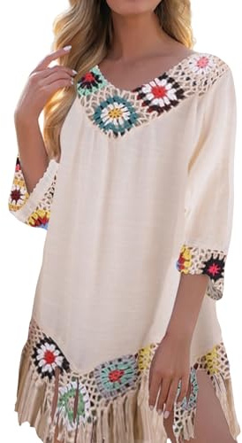 for Women Bikini Cover up for Women UK Bohemian Tassel Hem Beach Dress Casual Baggy Short Sleeve Beach Wear Fashion Knit V-Neck Swimming Limited+Time Deals Beige