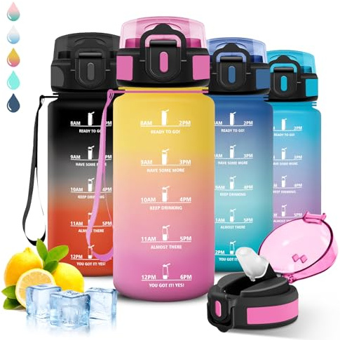 Grsta Gourde Enfant, 500ml, Gourde avec Paille, Anti Fuite, Graduée pour 1 Journee, Facile à Transporter, Motivation, Verrou de Sécurité, avec Slogan de Motivation, pour École, Camping