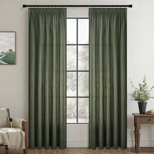 Topfinel Gardiner olivgrönt linne, 245 x 140 cm med rynkband, dekoration, vintage, gardiner, vardagsrum, sovrum, gardin, halvtransparent, voile-gardin för skensystem, set om 2