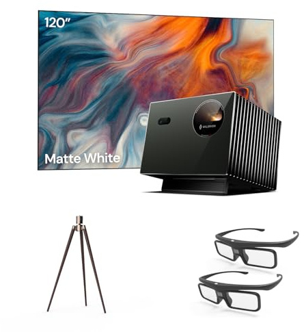 Paquete de Cine en casa Valerion：Proyector láser Triple Valerion VisionMaster Pro2 4K + Pantalla de 120 + trípode de Nogal + Gafas 3D