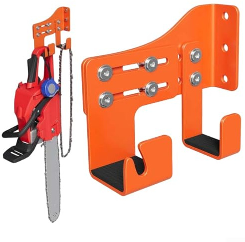 Soporte de pared para motosierra hecho de metal reforzado con ganchos ajustables y almohadillas de esponja gruesas para protección contra arañazos, resistente a la intemperie para almacenamiento al