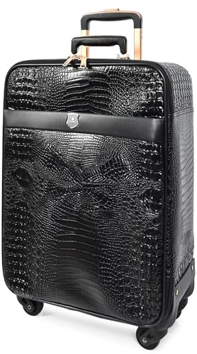 A1 FASHION VAROR Svart Croc-präglat PU-läder bagageset, lätta spinner resväskor med hjul, hållbar hybridskal vagn rörelse, Svart, S, Resväska