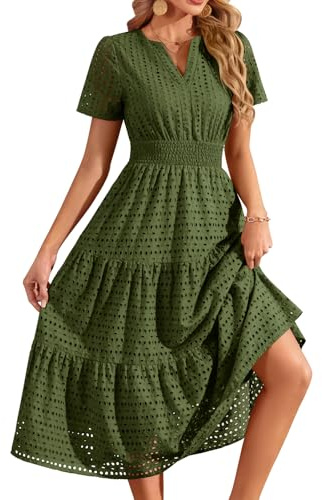 PASUDA Vestidos Verano Mujer Largo Elegante Vestido Mangas Cortas Cuello V Algodón Fiesta Vestidos Sueltos Casual Vestido de Playa Bohemio con Bolsillos