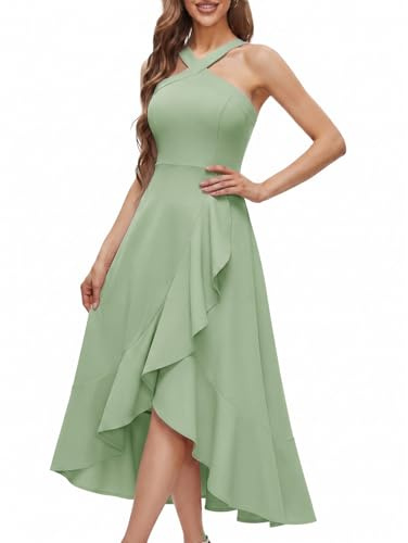 Fynadressr Women's Halter Neck Midi Dress Elegant Sleeveless High Low Ruffle Formal Cocktail Party Wedding Guest Dresses