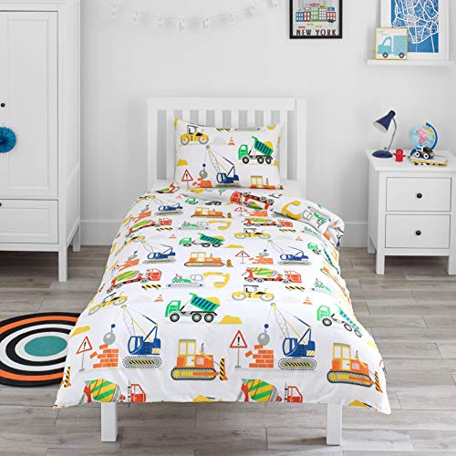 Bloomsbury Mill - Set Copripiumino Singolo Bambino e Bambina - Escavatrici, Camion e Gru - Lenzuola Letto Singolo Reversibile - Set di Biancheria da Letto per Bambini - 135x200cm e Federe