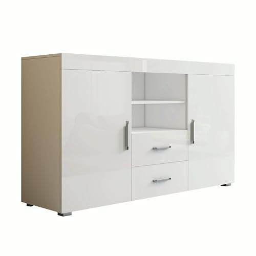 MB Muebles Bonitos | Aparador Roque | Mueble Auxiliar Moderno de Salón y Comedor con 2 Puertas, 2 Cajones y Estante | 140x82x40 cm | Melamina Brillo | Blanco
