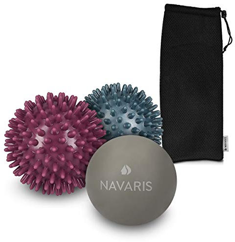 Navaris 3x Massageball Set - 2x Igelball mit Noppen 1x Lacrosse Ball - Massage für Schulter Rücken Fuß Hand - Fitness Noppenball medium hart