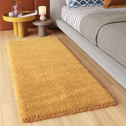 TAPISO Essence Teppich Läufer Flur Brücke Shaggy Hochflor Langflor Senfgelb Gelb Einfarbig Weich Modern Design Korridor Schlafzimmer ÖKOTEX 80 x 500 cm