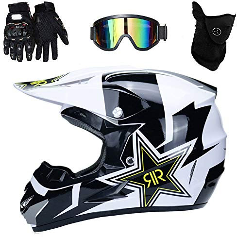 UIGJIOG Motocross Helme Downhill Helme Motorrad Crosshelme & Endurohelme Jugend Kinder Offroad Helm Motocross Gear Combo Mask Brillenhandschuhe,Weiß,L(56~57cm)
