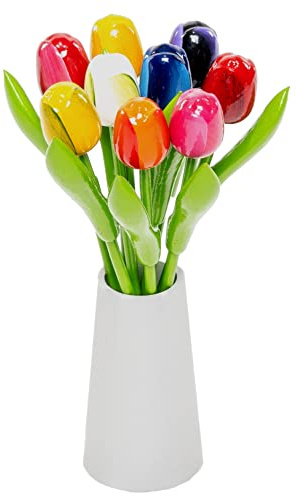 MomoMoments Bouquet de Tulipes en Bois dans Un élégant Vase en Bois Blanc, 9 Tulipes en Bois peintes à la Main, 21 cm, Bouquet, décoration, Cadeau, Anniversaire, fabriqué en Hollande