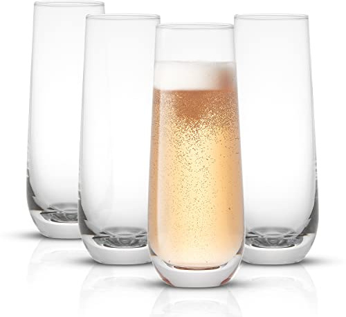 JoyJolt Milo Stemless Champagne Flutes Set of 4 Crystal Glasses. 9.4oz Champagne Glasses. Prosecco Wine Flute, Mimosa Glasses Set, Cocktail Glass Set, Water Glasses, Highball Glass, Bar Glassware