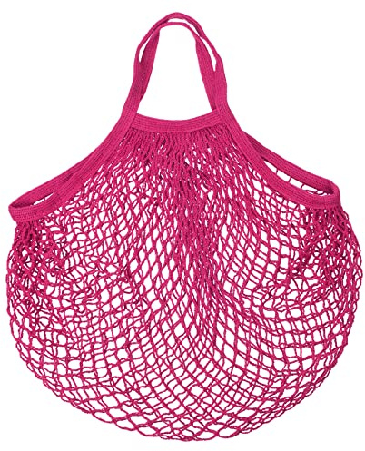 sourcing map Cotton Mesh Bag, 15x13.8 Reusable Washable Mesh Net String Grocery Bags Organizer for Fruits Vegetables Shopping Rose Red