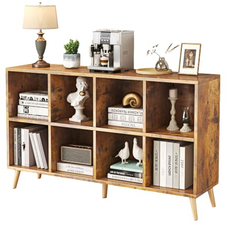 Flrrtenv 8-Cube Bookshelf 2 Tier Retro Bookcase with Legs, 120cm Wood Bookshelves Storage Organizer Shelf, Freestanding Open Book Shelves for Bedroom Living Room Office, Rustic Brown