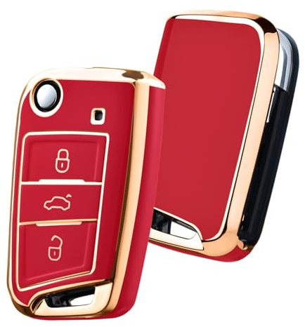 PANPHEN Autoschlüssel Hülle für VW Schlüsselbox/Schlüsselhülle Cover für VW Polo Skoda Seat 3 Tasten (Goldener Rand Rot)