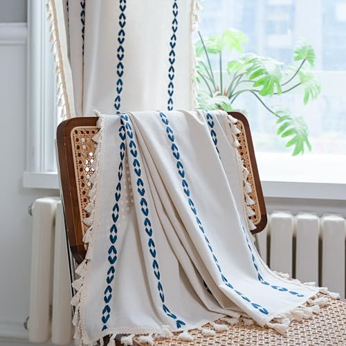 Sutuo Home Boho-Küchenvorhänge für Esszimmer, halbverdunkelnd, Bauernhaus, Vintage-Quasten, Fensterbehandlung, Bohemian-Stickerei, Vorhang, Stangentasche, 1 Paneel (B x L), 132 x 160 cm, Weiß und
