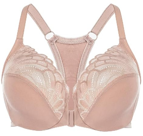 MELENECA Women's Racerback Front Fastening Lace Unlined Plus Size Underwire Bra Beige 38D