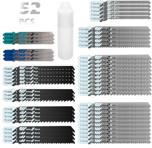VFANDV 52 Tlg Stichsägeblätter Set Stichsägen-Zubehör, T-Schaft Einnocken-Schaft Stichsägeblatt Set, T118A/T118B/T101AO/T111D/T244D/T111C/T101B/ T101D/T101BR mit Kunststoff-Box, für Holz, Kunststoff