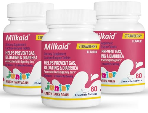 Milkaid Junior Lactase Enzyme Chewable Tablets for Lactose Intolerance | Prevents Gas, Bloating, Diarrhea in Children| Fast Acting Dairy Digestive Supplement for Kids| Strawberry Flavor | 60 ct (3)