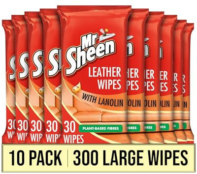 Mr Sheen Leather Wipes with Lanolin – 10 Packs of 30 (300 Wipes Total), Cleans and Conditions Leather Surfaces, Suitable for Jackets, Sofas, Car Seats, Resealable Packs for Everyday Maintenance