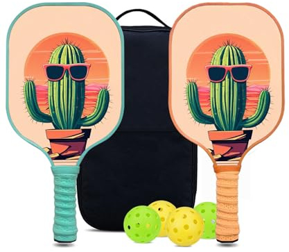 KUAVETO Ensemble de raquettes de pickleball, tout le plaisir que vous pouvez avoir avec un noyau en polymère nid d'abeille à motif Cactus-BM28 – Comprend 2 pagaies, 4 balles et un sac de transport