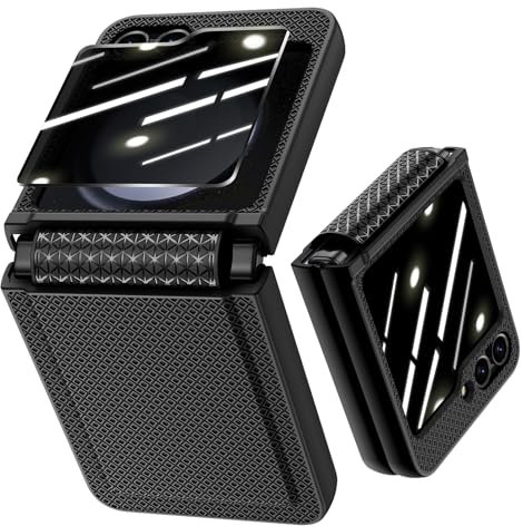 Doeshine für Samsung Galaxy Z Flip 5 Hülle, Privacy Displayschutzfolie & Scharnierschutz, Schutzhülle Rutschfester Textur, Hard PC Rugged Kratzfest Stoßfest Handyhülle Case für Z Flip 5 (Schwarz)