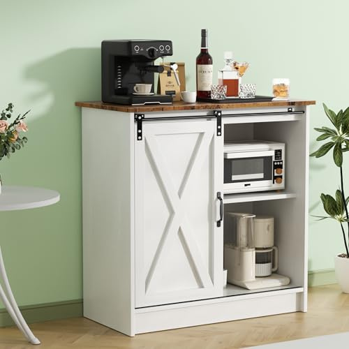 SOFTLYNICE Farmhouse Coffee Bar Cabinet, Coffee Bar Table with Sliding Barn Door, Suitable for Kitchen, Dining Room and Living Room