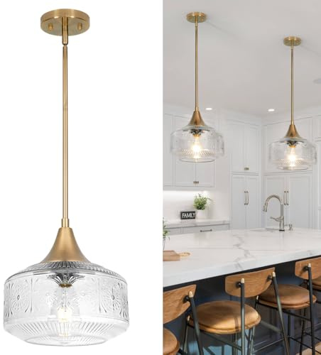 Vintage Gold Pendant Light with Clear Glass, Adjustable Pendant Lighting for Kitchen Island Brushed Pendant Lights Convertible Ceiling Mount Or Hanging Fixture for Hallway Bathroom,Brown Bronze