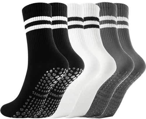 Gendewiner 3 Pairs Black White Gray Non Slip Yoga Cotton Grip Pilates Socks for Women&Men Anti Slipper Grippy Socks for Ballet, Hospital, Dance, Trampoline, Barre
