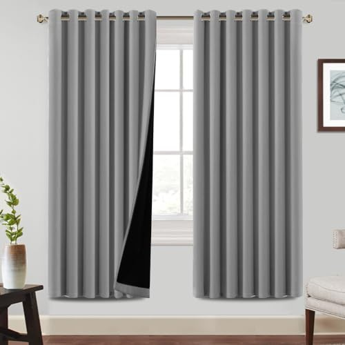 BellaHills 100% Blackout Curtains for Bedroom Thermal Insulated Blackout Curtains Heat and Full Light Blocking Eyelet Curtains for Living Room with Black Liner 2 Panels, 90 x 72 Inch, Dove Grey